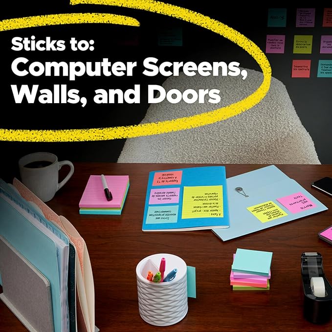 Post-it Super Sticky Notes, Assorted Bright Colors, 3x3 in, 15 Pads, 45 Sheets/Pad, 2X The Sticking Power, Recyclable, Multi-Color (Pack of 6)