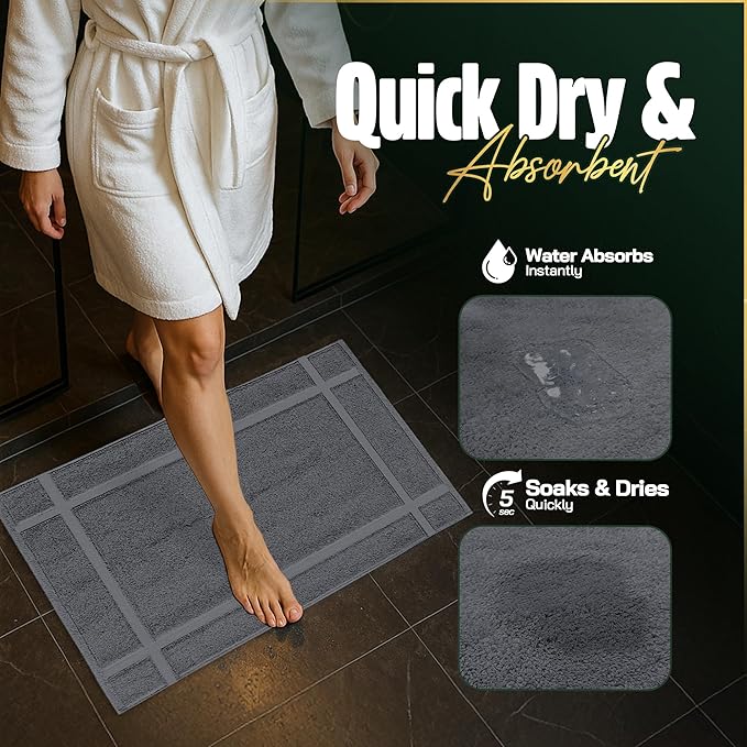 Pearl Linens 100% Ring Spun Cotton Bath Mat (Pack of 2) 20 x 30 Inch, Washable, Soft & Absorbent Terry Bathroom Floor Mat – Not Bathroom Rugs – Quick-Dry After Shower Bath Mat, 687 GSM, Dark Grey