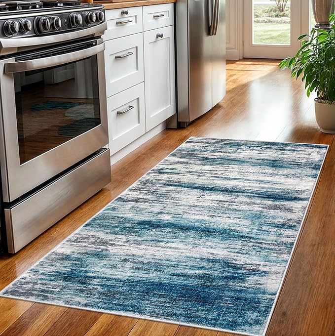 KOZYFLY Modern Abstract 3x5 Entryway Rug Non-Slip Washable Area Rug, Blue Throw Rugs Indoor Mat for High-Traffic Door Entrance, Kitchen, Laundry, Nursery, Soft Bedroom Living Room Accent