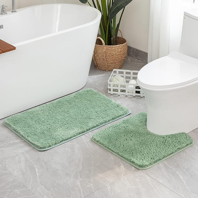 MIULEE Microfiber Toilet Bath Mat U-Shaped Contour Shaggy Bathroom Rugs Non Slip Extra Thick Soft Bath Rug Absorbent Water for Bathroom Commode Machine Washable(24x24 Inch, Sage Green)