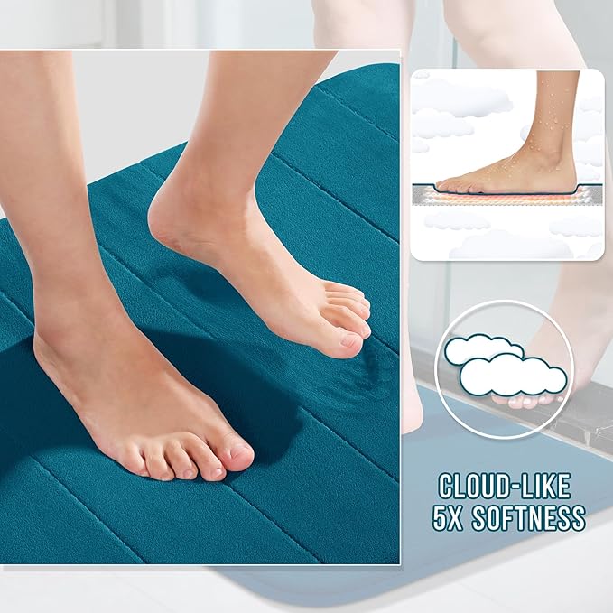 Yimobra Memory Foam Bath Mat, Super Soft Absorbent Bathroom Rug Non Slip 31.5x20 Inch, Quick Dry, Machine Washable Floor Carpet for Tub Shower, Home Decor Accessories, Peacock Blue