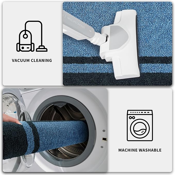 PURRUGS Dirt Trapping Door Mat 24" x 36", Non-Slip/Skid Machine Washable Entryway Rug, Shoes Scraper, Area Rug, Super Absorbent Welcome Mat for Muddy Wet Shoes and Paws, Light Blue & Navy