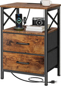 Huuger Night Stand with Charger Station, 2 Drawer Nightstand with Open Shelf, Bed Side Table with USB-C Port, End Table, Compact Size for Small Spaces, X Shaped Side Rail, Rustic Brown