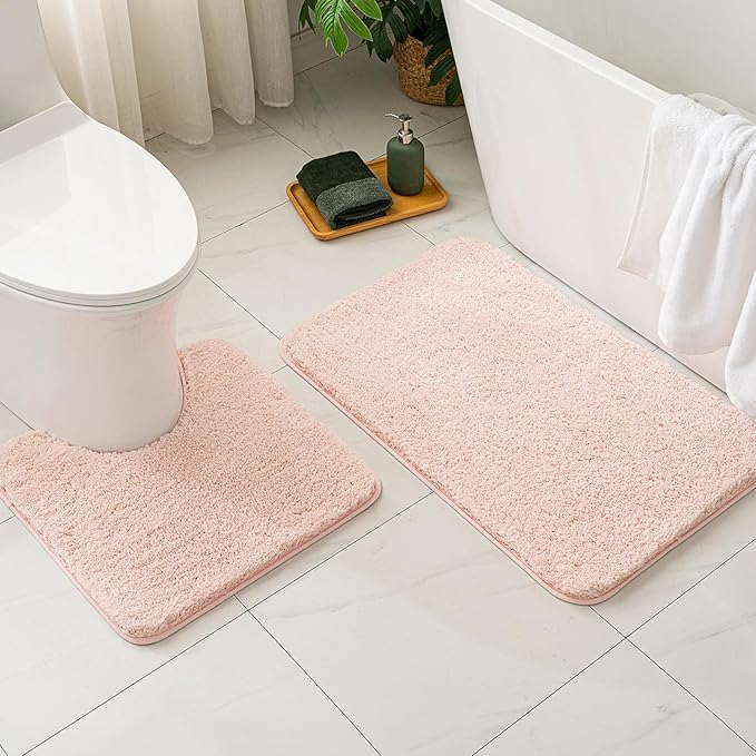 MIULEE Pink Toilet Rug U Shaped for Bathroom - Soft and Absorbent Microfiber Contour Bath Rugs for Toilet, Non Slip Rubber Backside for Extra Safety, Machine Washable - Blush, 20''x20''