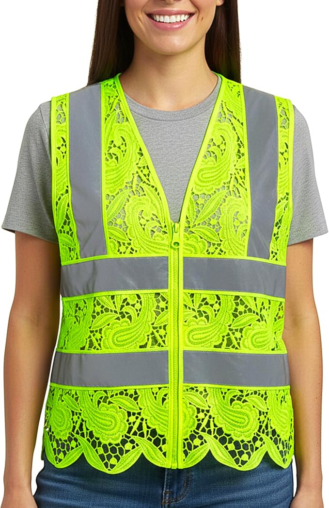 Lace-Mesh Safety Vest for Women & Men - Breathable, High Visibility Vest with Zipper & ANSI Class 2 Reflective Strips