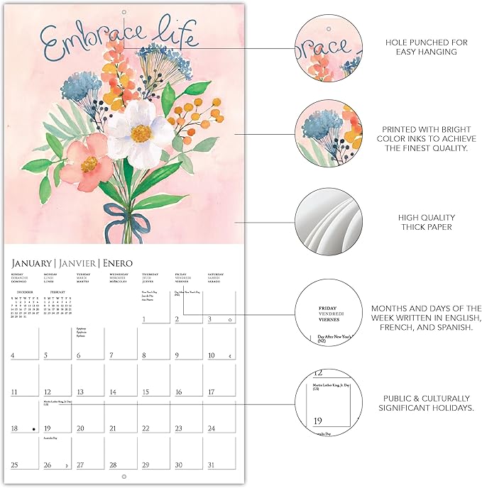 Graphique 2026 Live Love Laugh Wall Calendar | 12” x 12” | Thick Paper | Home & Office Organizer | Large Monthly Grid | 3 Languages & Marked Holidays | 4 Month Preview Page for 2027