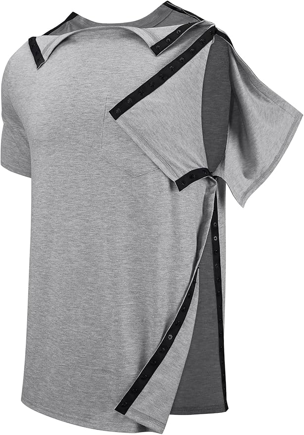 Men's Post Shoulder Surgery Recovery Shirts Tear Away Short Sleeve Full Open Side Snap Dialysis Chemo Clothing