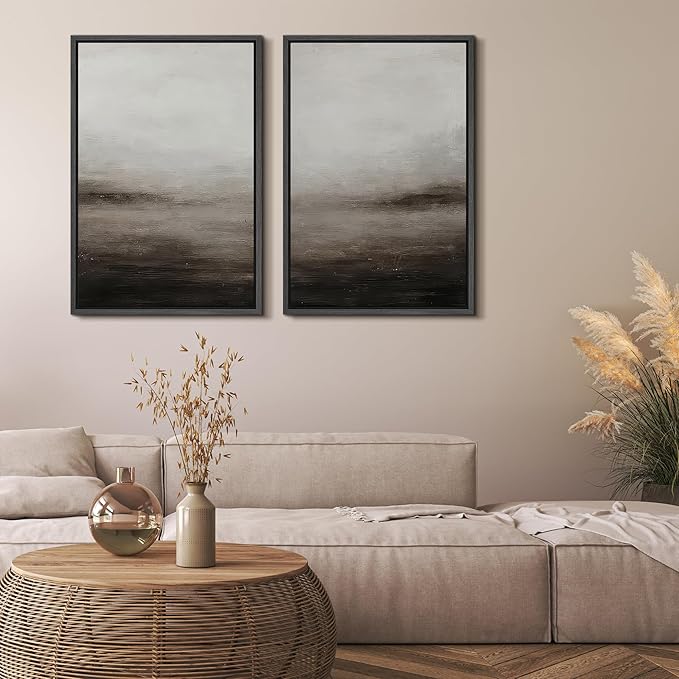 MUDECOR Framed Canvas Print Wall Art Neutral Abstract Modern Minimalist Landscape in Beige and Gray Illustrations Modern Art Decorative Bohemian for Living Room, Bedroom, Office - 16"x24"x2 Black