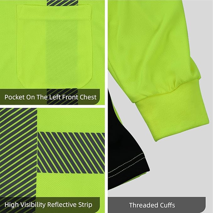 FONIRRA Safety Shirts for Men High Visibility Reflective ANSI Class 2 Hi Vis Construction Work T Shirts Long Sleeve