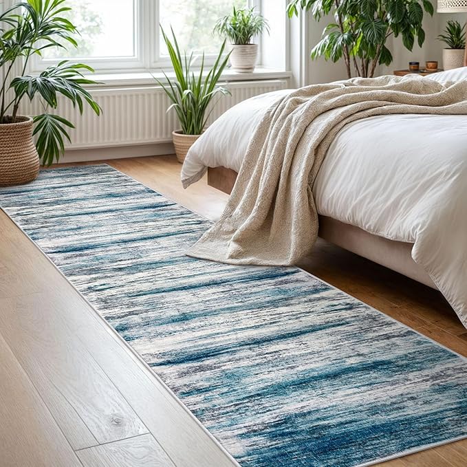 KOZYFLY Modern Abstract Runner Rug, 2x8 Kitchen Rugs Non-Slip Washable Soft Striped Hallway Runner Rugs, Print Blue Carpet Runner for Entryway Bathroom Laundry Room Foyer