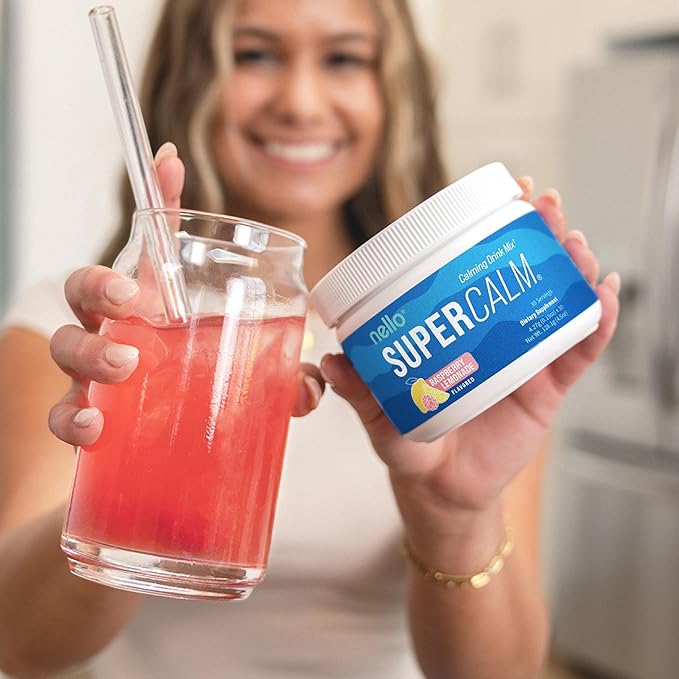 Nello Supercalm Powdered Drink Mix Tub, Cortisol Reducer*, Sleep Aid Supplement, L Theanine, Ksm-66 Ashwagandha, Magnesium Glycinate, Vitamin D 3, No Sugar, Non GMO, 30 Ct, Raspberry Lemonade