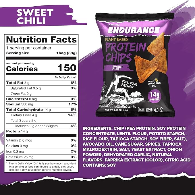 Natural Endurance Protein Chips - Low Carb Chips, High Protein Snack, Vegan Protein with Avocado Oil, 14g Protein Per Bag, Gluten Free, Sweet Chili Flavor - 1.38 oz Bags (Pack of 12)