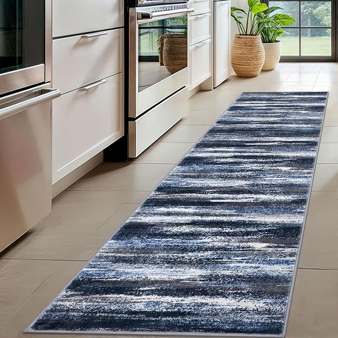 Modern Abstract Hallway Runner Rug, Navy Blue Washable Kitchen Runner Non-Slip Soft 2x8 Runner Rug Thin Print Faux Wool Carpet for Entryway Bedroom Laundry Room Indoor