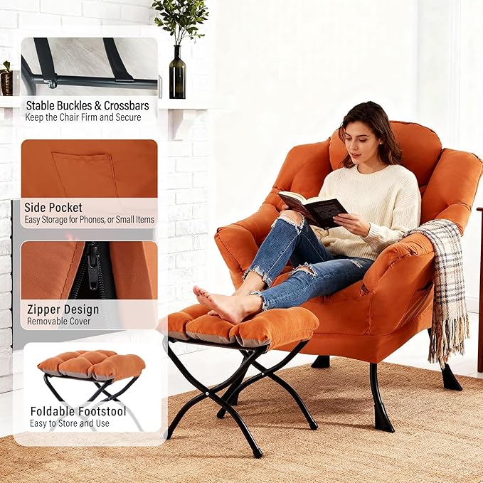 Lazy Chair with Ottoman, Modern Chair with Folding Footrest, Lounge Accent Chair, Comfortable Reading Chair, Oversized Armchairs for Bedroom, Study, Living Room, Courtyard, Orange