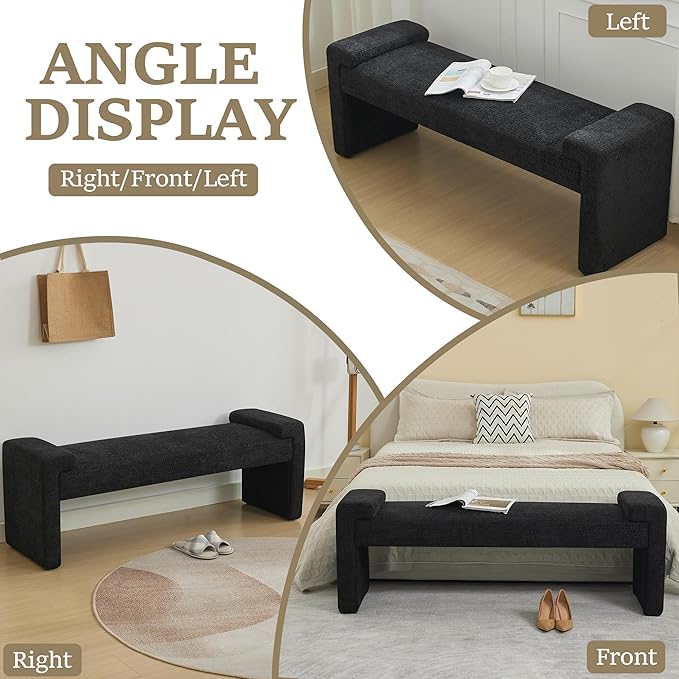 58.7" End of Bed Upholstered Bench Modern Bedroom Bench for Living Room & Entryway, Easy Assembly, Footrest Ottoman Accent Window Bench with Solid Wood Frame & Curved Arm, Black
