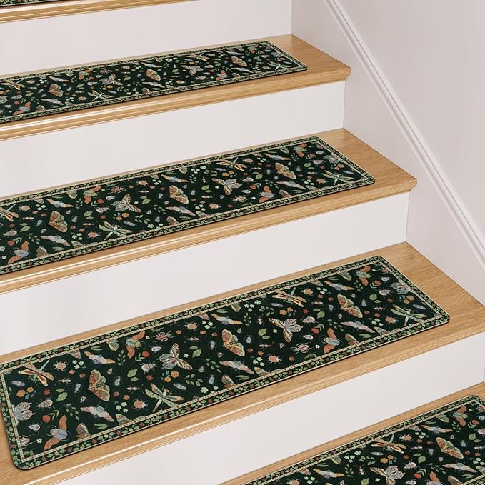 OJIA Insect Print Stair Treads Non Slip Stair Runners for Wooden Steps Indoor, 15PCS 8"x30" Rubber Backing Carpet Treads for Wood Stairs Staircase Step Treads for Kids & Dogs, Stair Covers, Black