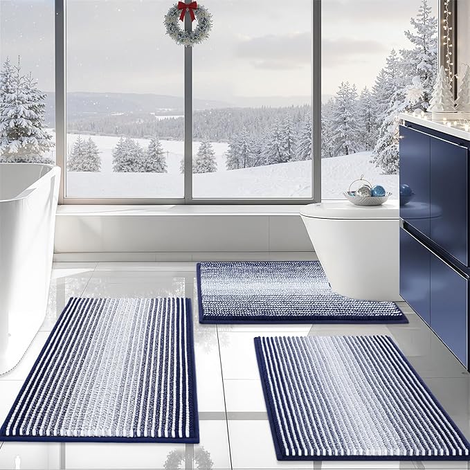BSICPRO Bathroom Rugs Sets 3 Piece, Toilet Rugs U-Shaped Contour Bath Mat Set, Striped Absorbent Non Slip Chenille Shower Mat, Navy Blue