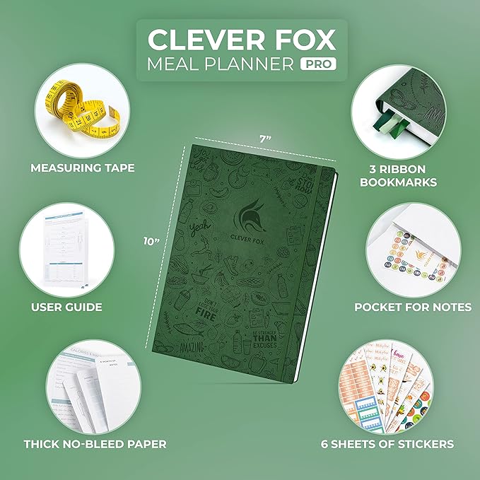 Clever Fox Meal Planner PRO – Weekly Meal Prep Journal with Grocery List & Weigh Loss Tracker – Diet, Fitness & Welness Log Book – Nutrition Diary Notebook – Lasts 12 Months, 7x10” (Forest Green)