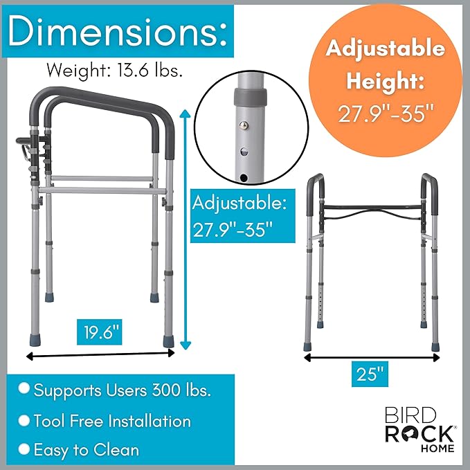 BIRDROCK HOME Toilet Seat Safety Railing Frames for Seniors | Handrail Support for Bathroom | Easy Install - Elderly, Handicap, Medical Disabled | Raised, Elevated, Assistance, Commode, (Safety Frame)