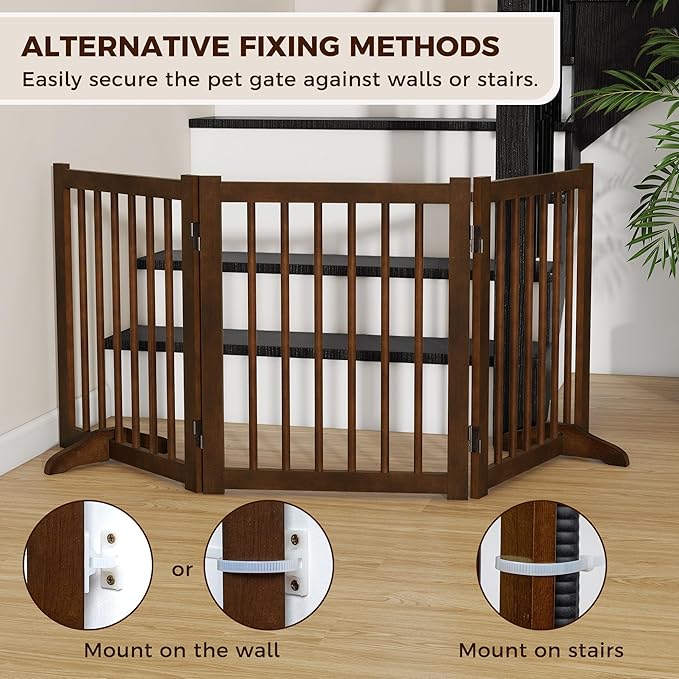 Indoor Dog Gate,Wooden Freestanding Dog Gate for Stairs or Doorways-3 Panels 24" - Folding Solid Wood Safety Pet Fence with 2 Support Feet-Walnut Color