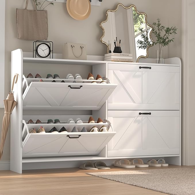 Shoe Storage Cabinet with 4 Flip-Drawers, 46 Inch Narrow Farmhouse Shoe Organizer with Metal Handles & Adjustable Shelves, Freestanding Shoe Rack Cabinet for Entryway, Hallway (White)