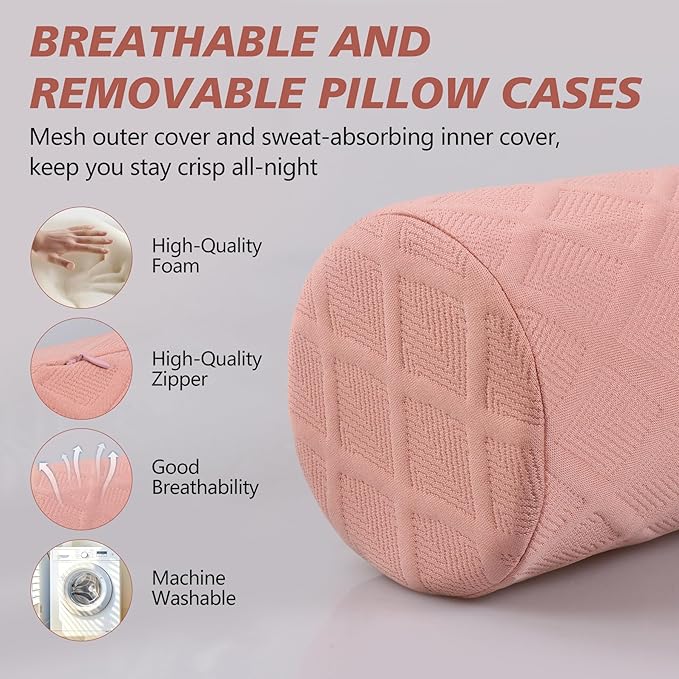 Cozyhealth Cervical Roll Pillow, Medium Soft Memory Foam Neck Round Pillow Cylinder Bolster Pillow for Sleeping, Round Neck Support for Bed, Legs, Back and Yoga (Pink, Large - 4.7" H)