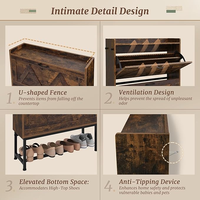Narrow Shoe Storage Cabinet with 2 Flip Drawers & Adjustable Shelf for Entryway, Freestanding Hidden Slim Shoe Organizer Rack, Rustic Brown