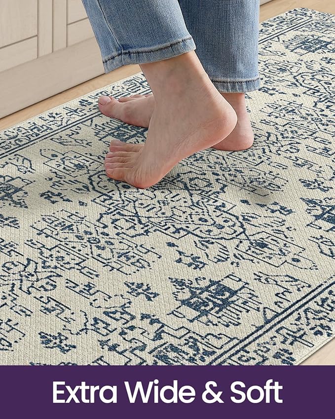 DEXI Kitchen Mats for Floor Cushioned, 23x86 Extra Large Long Runner Rug Non Slip, Waterproof Soft Comfort Standing Padded Anti Fatigue Decorative, Blue White