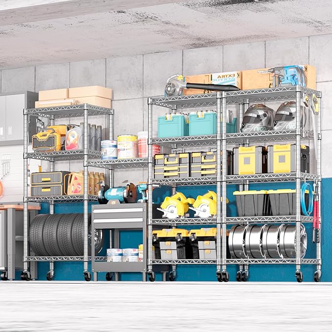 PrimeZone 4 Pack Steel Storage Wire Shelving 5 Tier Metal Shelves with Wheels,Adjustable Kitchen Utility Shelving Unit,Pantry Rack Rolling Metal Shelf Laundry,Chrome 24" Wx18 Dx75 H