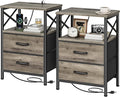 Huuger Nightstands Set of 2, Night Stand with Charger Station, 2 Drawer Side Table with Open Shelf, USB-C Port, End Table for Small Spaces, X Shaped Side Rail, Oak