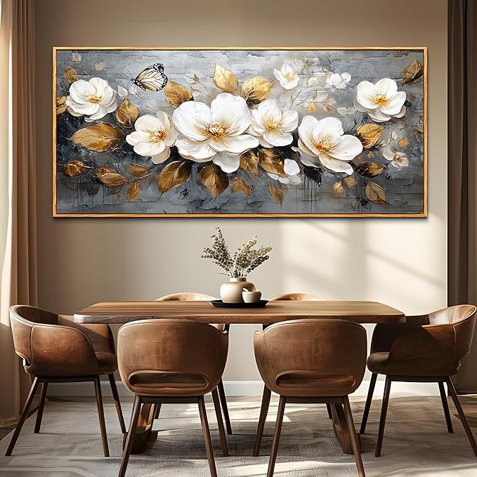 FUHAIHUA Wood Framed Canvas Wall Art For Living Room Large Wall Decor For Office Bedroom Decoration White Flower Pictures Farmhouse Painting Artwork Room Wall Mural Aesthetic Home Decor 32x72