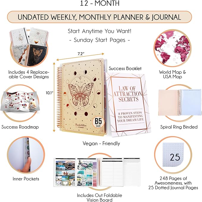 Manifestation Journal – Hourly, Weekly & Monthly Planner | 12-Month to Increase Productivity, Life Organizer & Goal Planner | Spiral Journal, Habit Tracker, Foldable Vision Board, Gift Box & Stickers