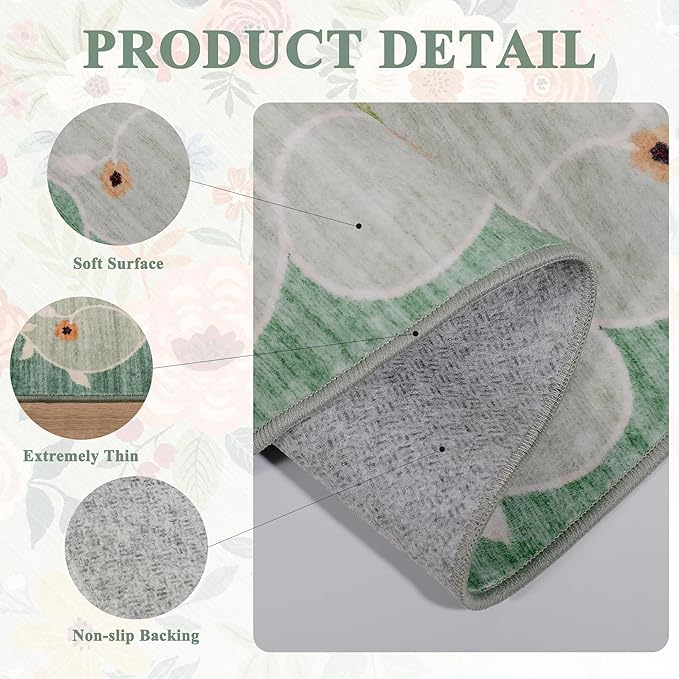 DUKINO 2x4 Rug for Entryway, Washable Kitchen Floral Runner Rug with Non Slip Backing, Low Pile Soft Boho Carpet for Kitchen, Hallway, Entryway, Laundry, Bedroom, Green