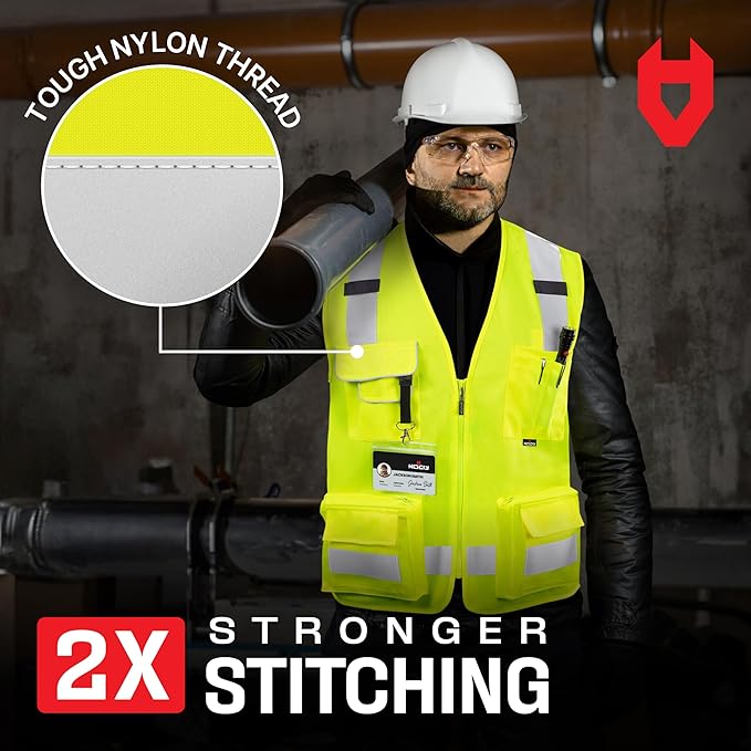 NoCry Premium Reflective Safety Vest for Men with Heavy-Duty Stitching & Phone Pocket — ANSI Class 2 High-Visibility Neon Workwear with Multiple Pockets – Ideal for Construction Workers & Surveyors