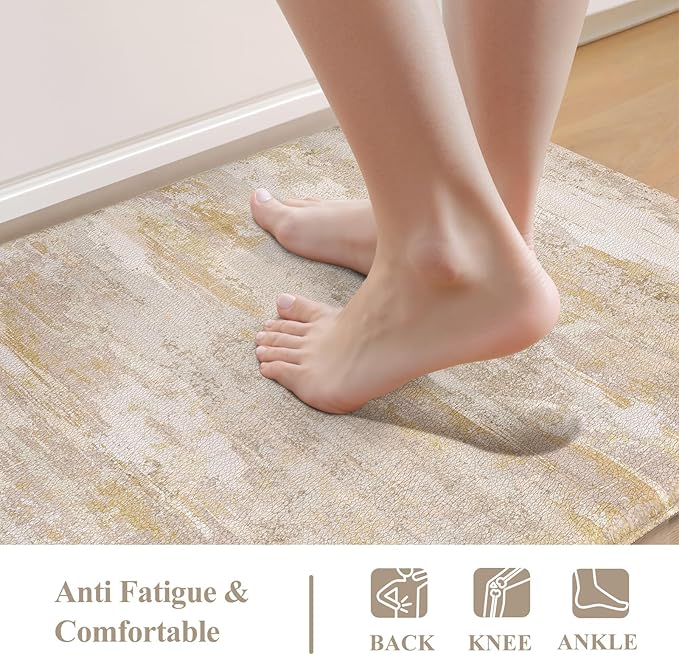Collive Anti Fatigue Mats for Kitchen Floor, Abstrac Non Slip Kitchen Rugs Sets of 2 Cushioned Modern Desk Mat, Waterproof Comfort Standing Mat for Sink, Home Decor, 20" x 47" + 20" x 32", Beige/Cream