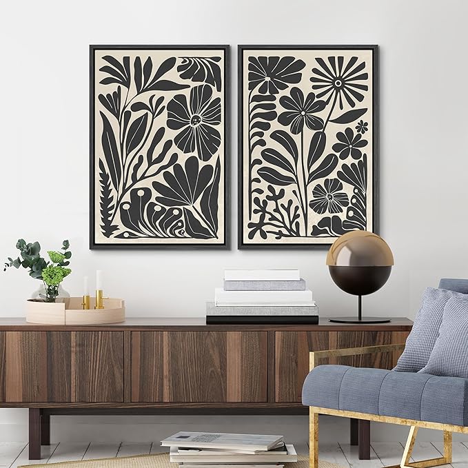 MUDECOR Framed Canvas Wall Art Abstract Floral Botanical Prints Minimalist Modern Art Boho Wall Decor for Bedroom - 16"x24"x2 Black
