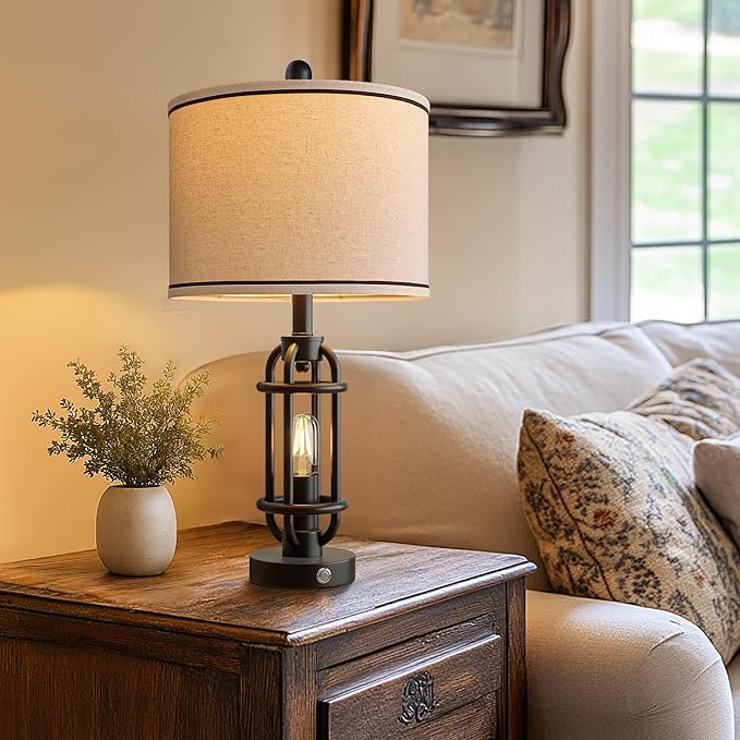 24'' Table Lamps for Living Room Bedroom Industrial Touch Lamp with USB A+C Ports, Night Light Farmhouse Vintage Nightstand Bedside Lamps for Night Stands Metal Black, Bulbs Included