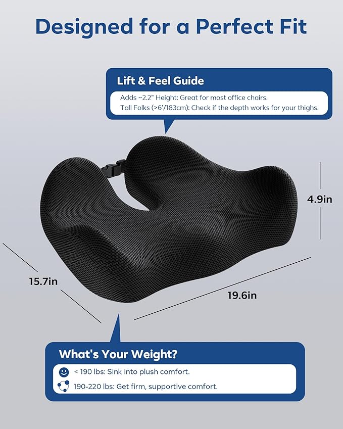 Feagar Office Chair Cushion for Sciatica & Tailbone Pain Relief – Extra Thick Memory Foam Seat Cushion for Long Sitting, Desk Chair & Wheelchair, Non-Slip Bottom, Ideal