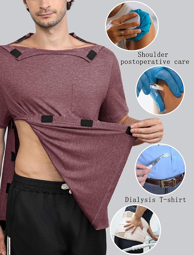 Deyeek Shoulder Post Surgery Recovery Shirts for Men Full Tear Away Short Sleeve T Shirt Adaptive Chemo Clothing