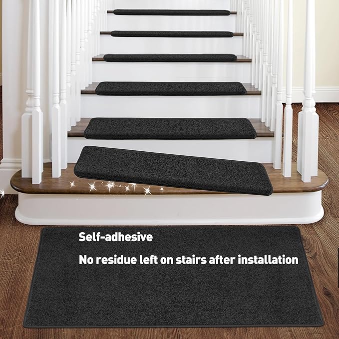 PURE ERA Bullnose Carpet Stair Treads Set Tape Free Non-Slip Indoor Stair Protectors Pet Friendly Rugs Covers Soft Skid Resistant Washable Reusable 9.5" x 30"(7 Pieces,Black)