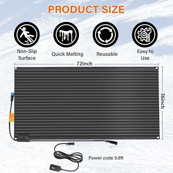 Snow Melting Mats Outdoor 36 x 72 inch, Non-Slip Heated Outdoor Mats 730 W 120V, Heated Driveway Mats with UL and ETL Certificate Power Cord, Suitable for Most Entryways
