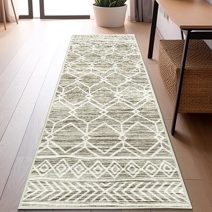 jinchan Moroccan Runner Rug 2x6 - Kitchen Machine Washable Runner Rug Modern Geometric Low-Pile Lightweight Non-Slip Carpet for Entryway Hallway Laundry Room Bedroom Bedside (2x6ft, Taupe)