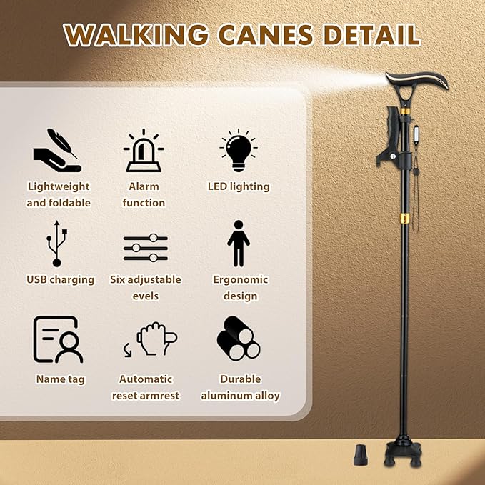 Walking Cane Folding Collapsible Adjustable Stability Balance Aluminum with Light Alarm for Seniors Women Men Black