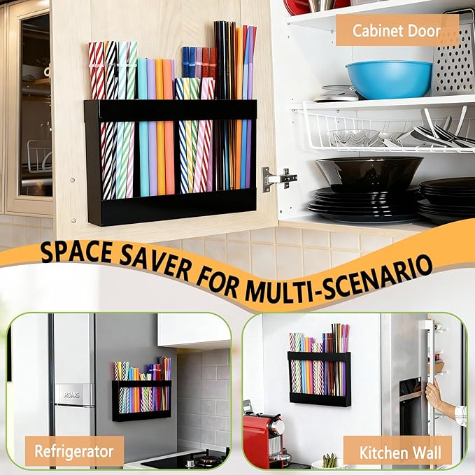 9.5" Large Acrylic Straw Holder for Cabinet Door-Reusable Tumbler Straw Organizer Storage,Small Kitchen Organizers and Storage Accessories Container, Ultra Sticky Cupboard Door Mounted(Black)
