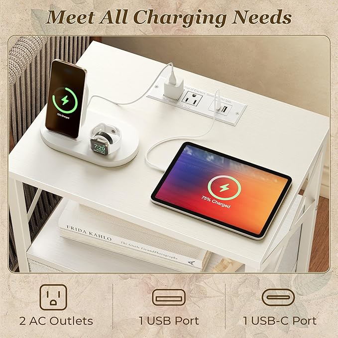 Huuger Nightstands Set of 2, Night Stand with Charger Station, 2 Drawer Side Table with Open Shelf, USB-C Port, End Table for Small Spaces, X Shaped Side Rail, White
