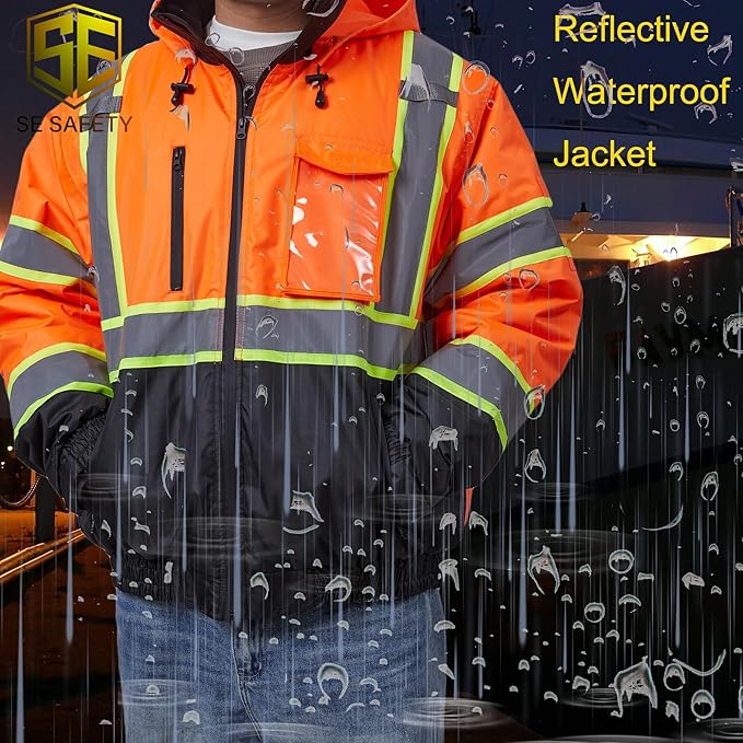 sesafety Reflective Jacket for Men, High Visibility Jackets, Safety Jackets for Men, Hi Vis Construction Bomber Jackets Waterproof with Pockets and Zipper, Black Bottom, Class 3