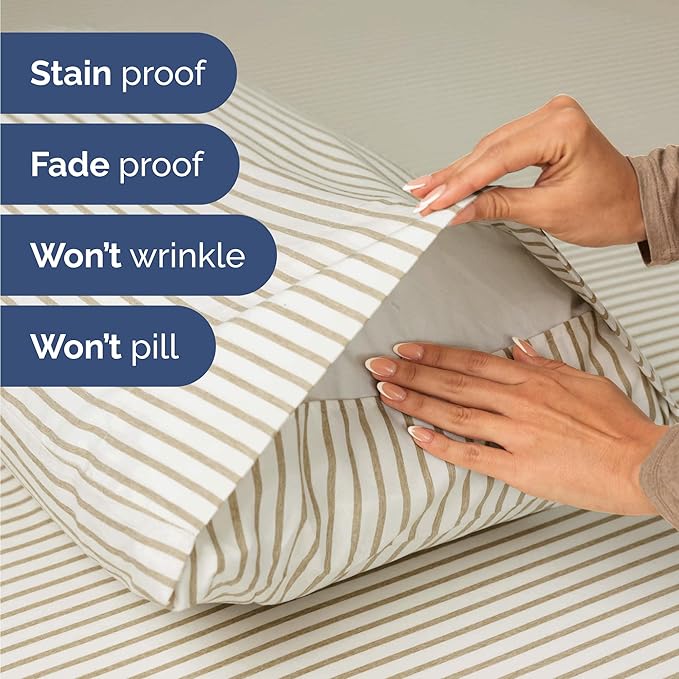 Twin 4 Piece Sheet Set - Cooling & Breathable Bed Sheets - Hotel Luxury Bed Sheets for Women, Men, Kids & Teens - Bedding w/Deep Pockets & Easy Fit - Soft & Wrinkle Free - Twin Beige Stripes Sheets