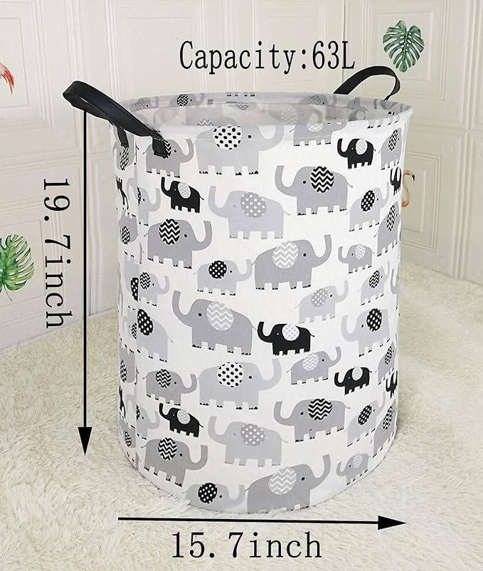 19.7" Round Canvas Large Clothes Basket Laundry Hamper with Handles,Waterproof Cotton Storage Organizer Perfect for Kids Boys Girls Toys Room, Bedroom, Nursery,Home,Gift Basket(elephant)