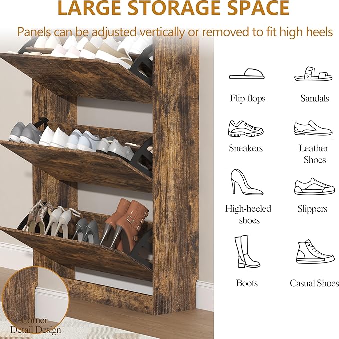 Tall Shoe Cabinet with Coat Rack, Hidden Shoe Storage Cabinet with Doors & Drawer, Hanging Bar & Hooks, Slim Narrow Freestanding Shoe Rack Organizer for Entryway, Hallway & Living Room, Brown