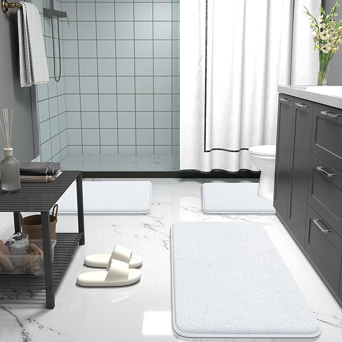 OLANLY Thick Memory Foam Bath Mat Rug 24x16, Extra Soft Absorbent Bathroom Rug, Quick Dry Bath Mats, Non-Slip, Machine Washable Carpet for Bathroom, Tub and Shower, Home Decor Accessories, White